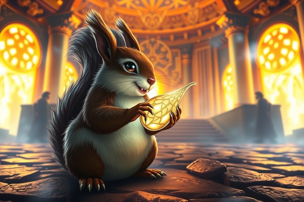 Illustration of Ratatoskr with a glowing seed in Asgard, surrounded by golden halls and mystical light.