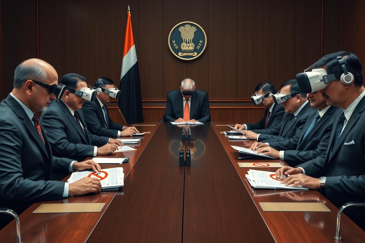 Indian government officials in a meeting addressing online gambling regulations and enforcement.
