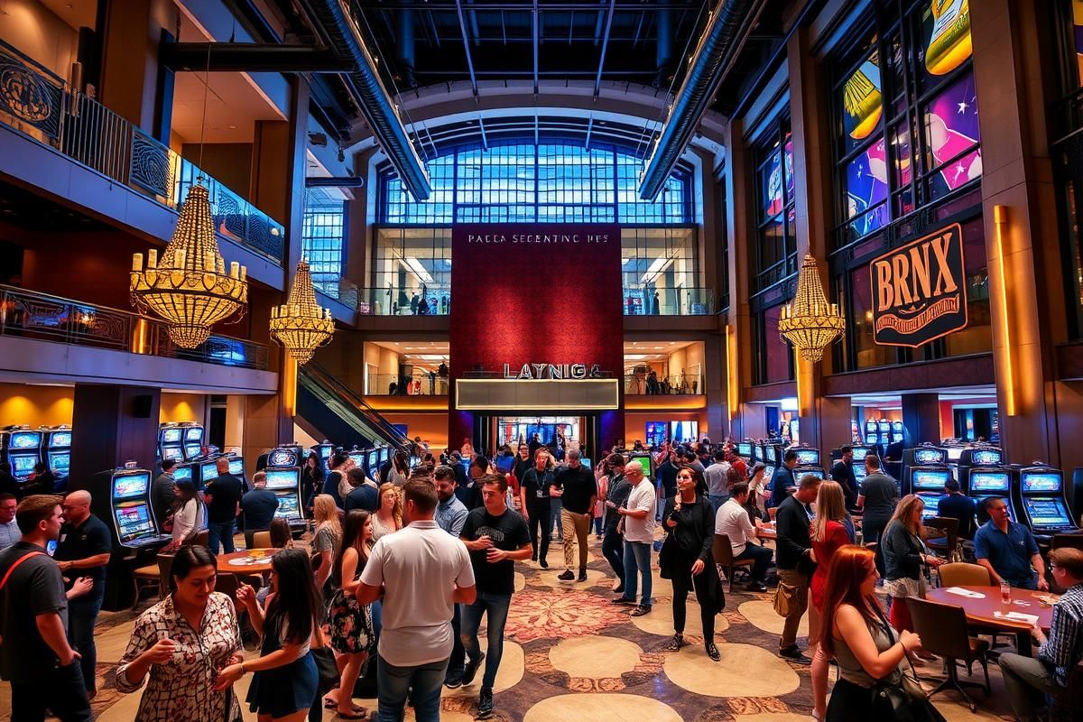 Interior view of a Bronx-themed casino lobby with modern designs, incorporating local culture and vibrant energy.