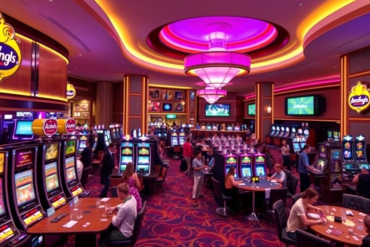 Interior view of a Las Vegas-style casino with slot machines, gaming tables, and a vibrant crowd.