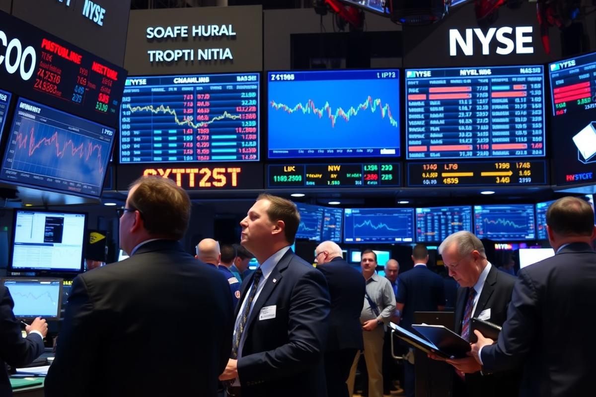 Investors observing trading trends on a stock market trading floor with modern displays.