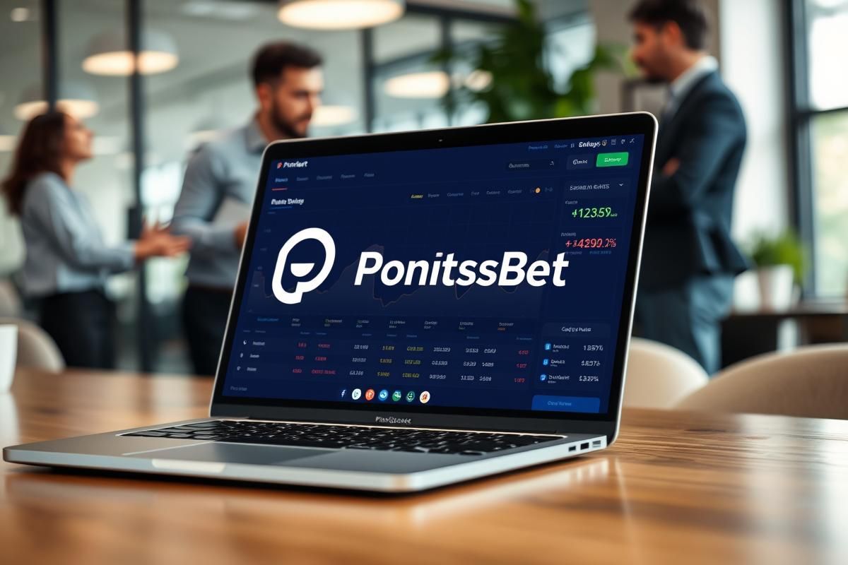 Laptop displaying PointsBet logo on a financial dashboard in a professional office setting.