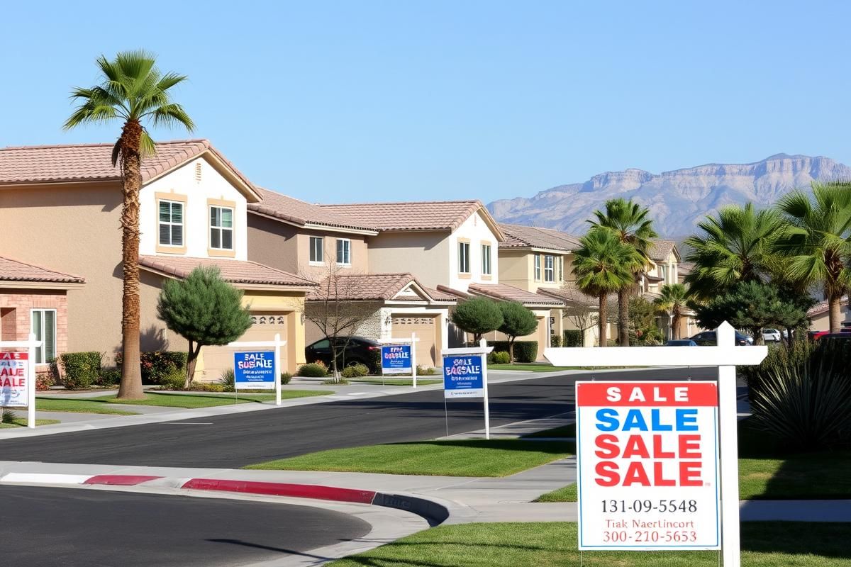 Las Vegas homes with for-sale signs under sunny summer skies.