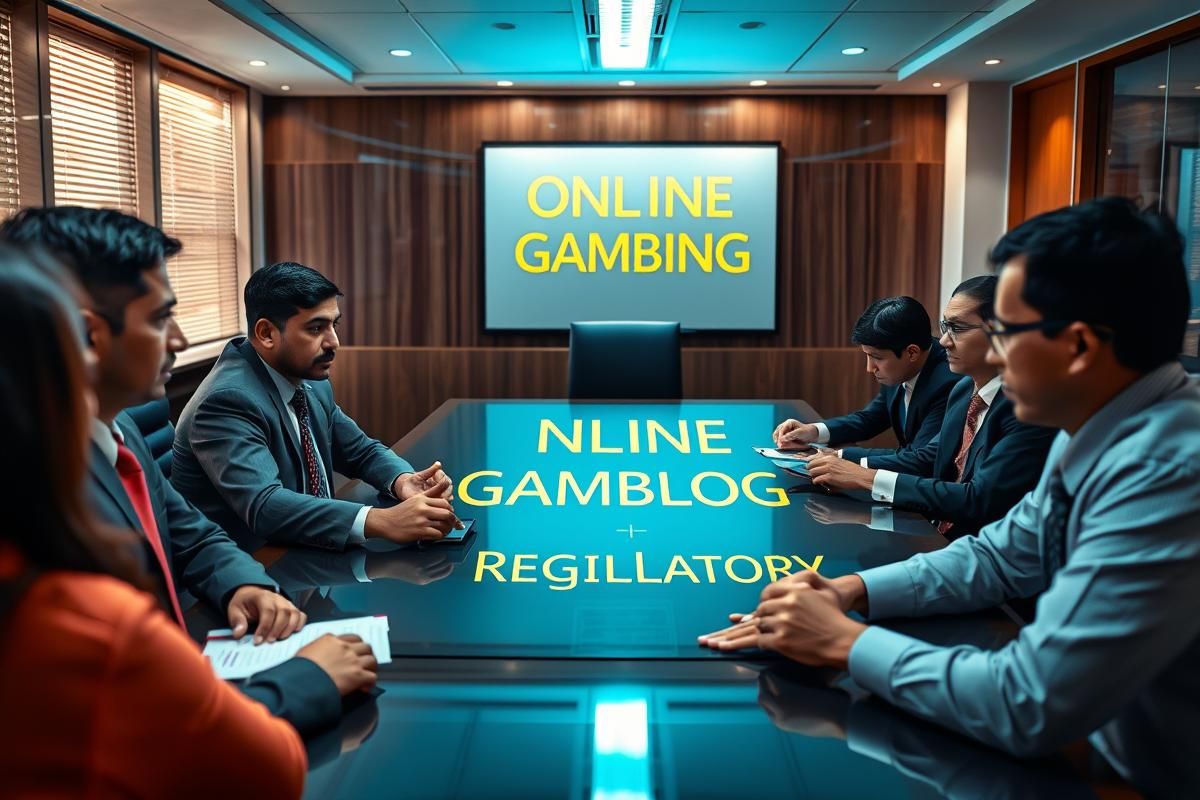 Lawmakers discussing India's online gambling regulations in a professional office.