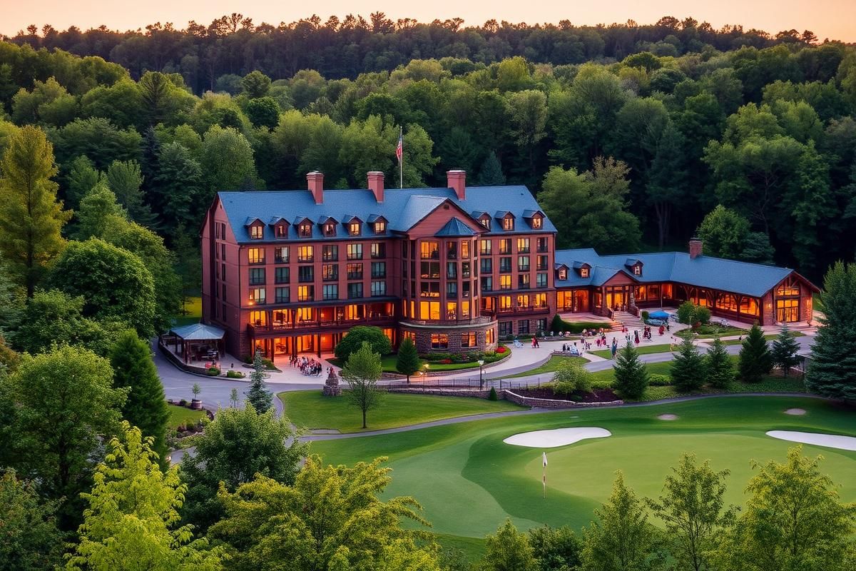 Luxury hotel in the Catskills region with lush surroundings and bustling activity.
