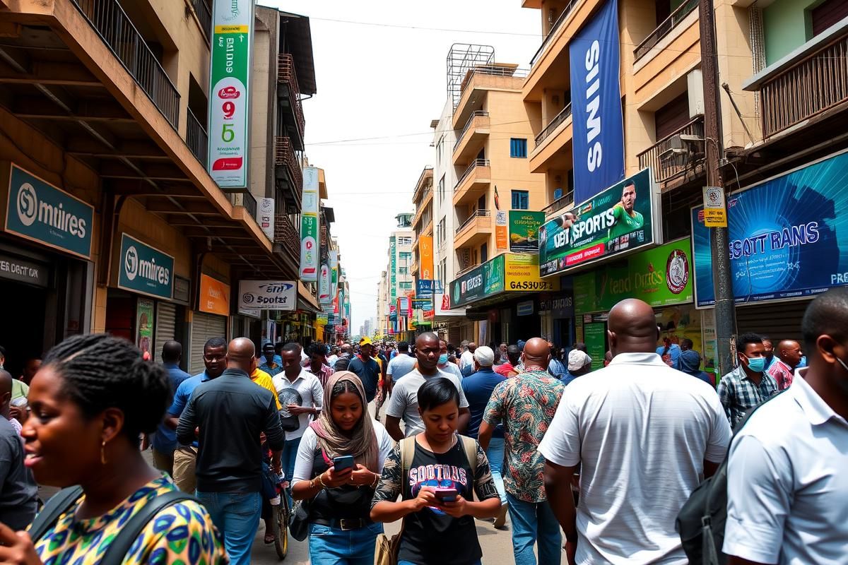 Modern African street scene with mobile users and digital ads showcasing vibrant iGaming brands.