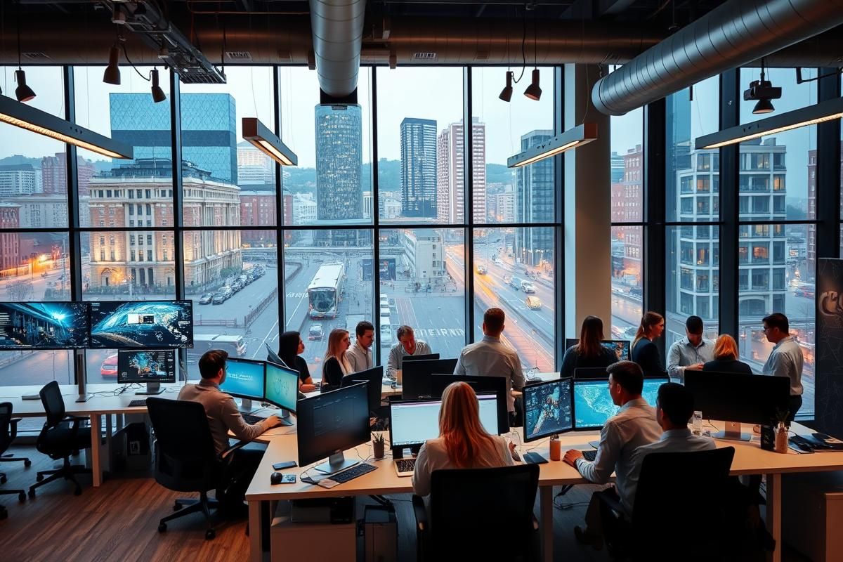 Modern office in Leeds with professionals working on tech innovations, symbolizing Sky Bet’s contribution to the region.