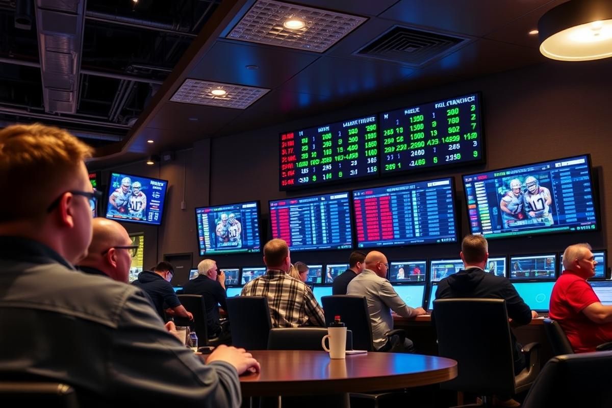 Modern sports betting lounge in North Carolina with people betting on digital screens.