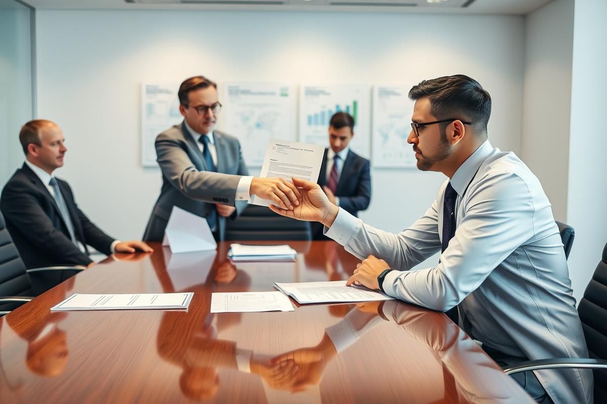 Regulators imposing a financial penalty on a corporate executive in a professional office meeting.