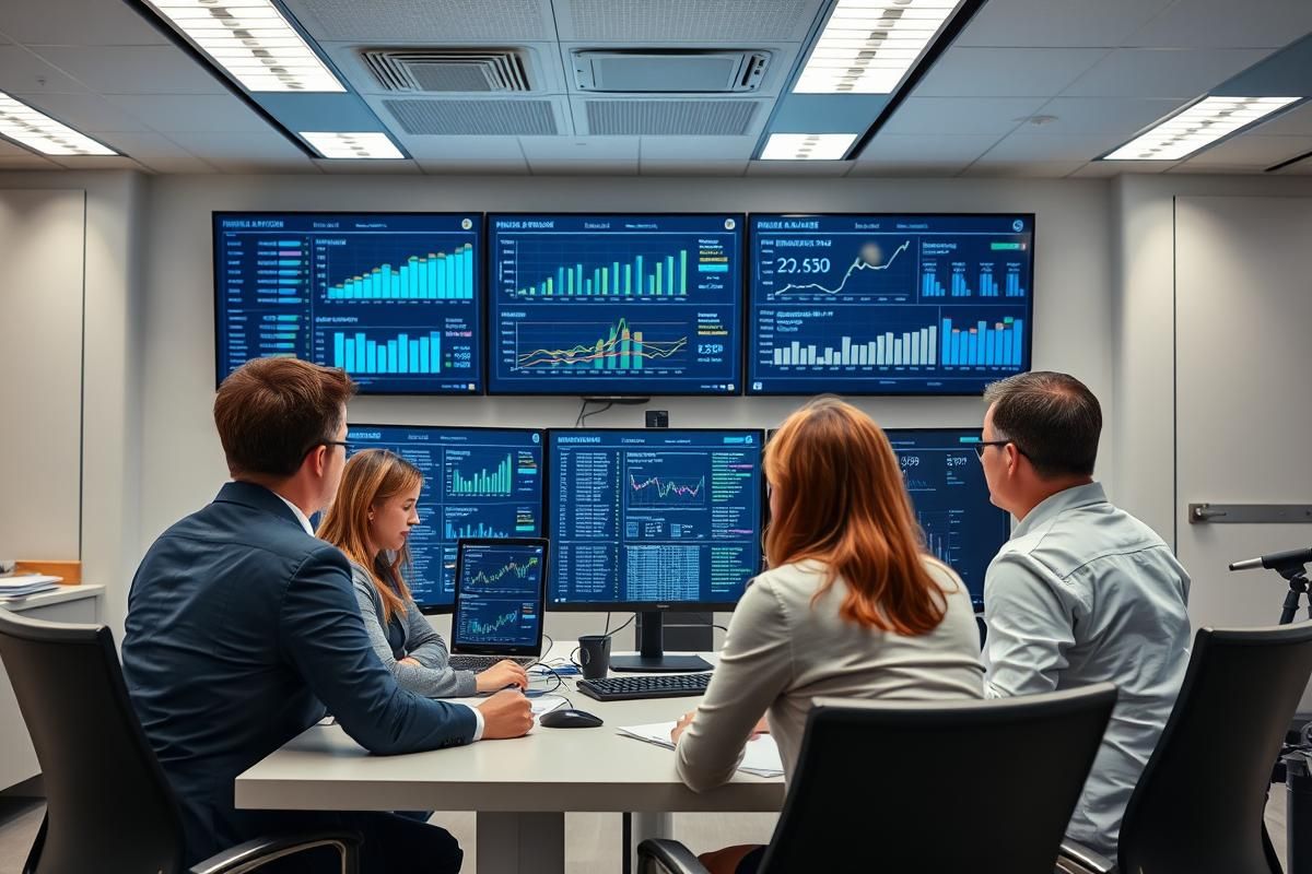 Regulatory authority team in a modern office reviewing gambling industry performance data displayed on large monitors, showcasing transparency efforts.