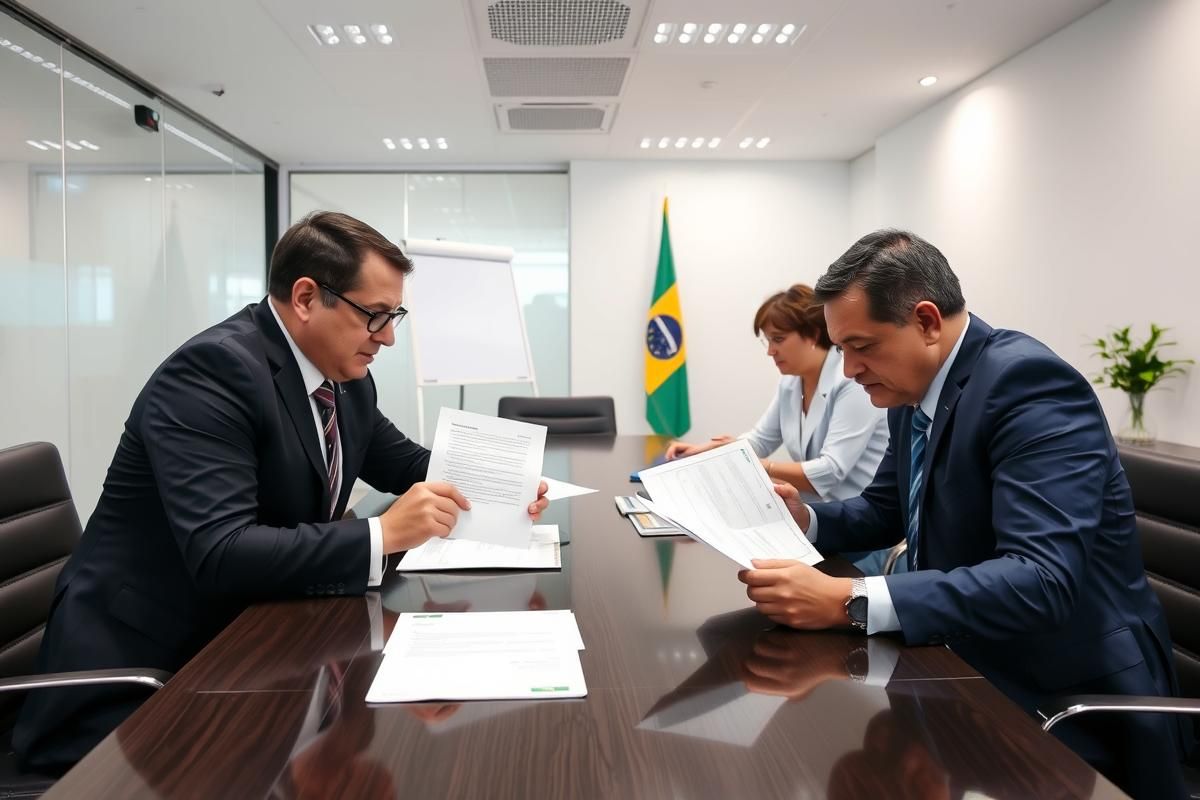 Regulatory office officials in Brazil discussing iGaming licensing policies at a meeting table.