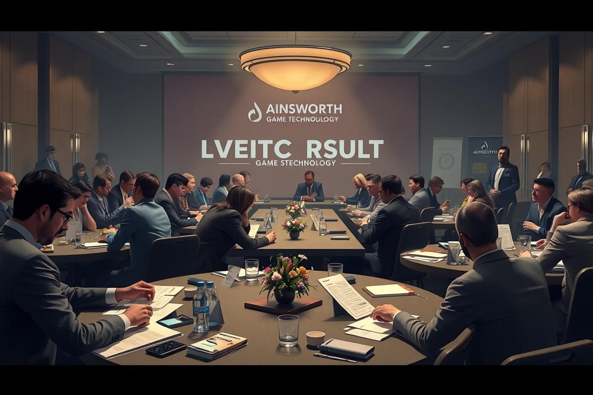 Shareholders voting and reviewing documents at a meeting with Ainsworth branding visible.