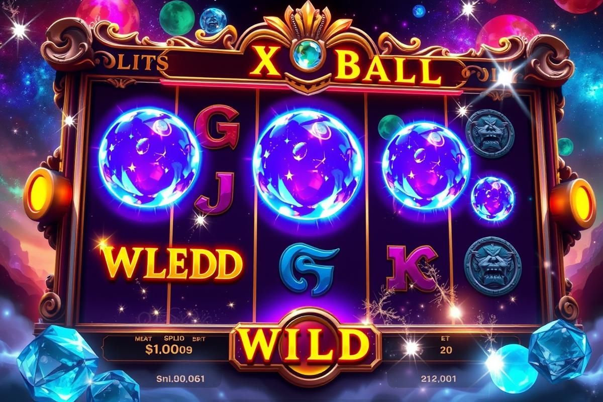 Slot machine featuring crystal ball symbols and wild multipliers with a vibrant magical background.