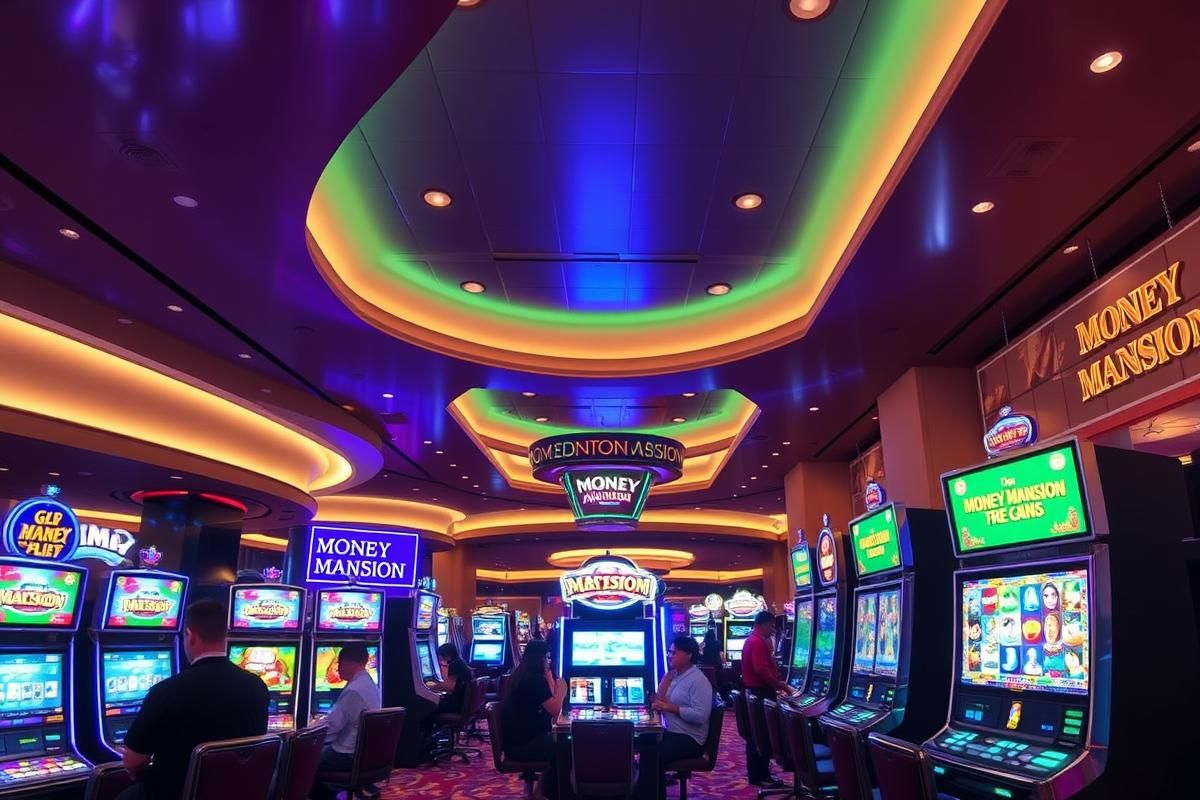 Slot machines at a casino with players engaged in 'Money Mansion,' showcasing its bright visuals and promotional signage.