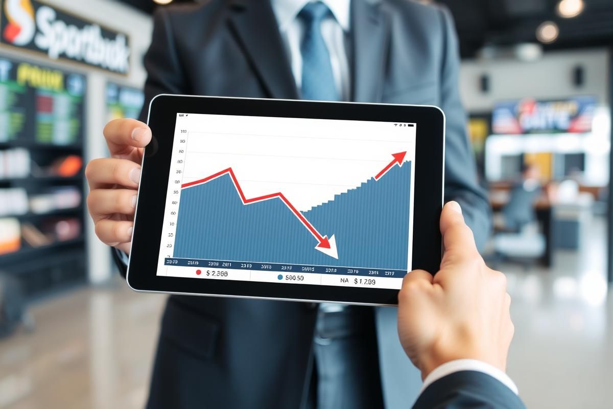 Tablet screen showing a downward-trending sports betting revenue chart, held by a professional.
