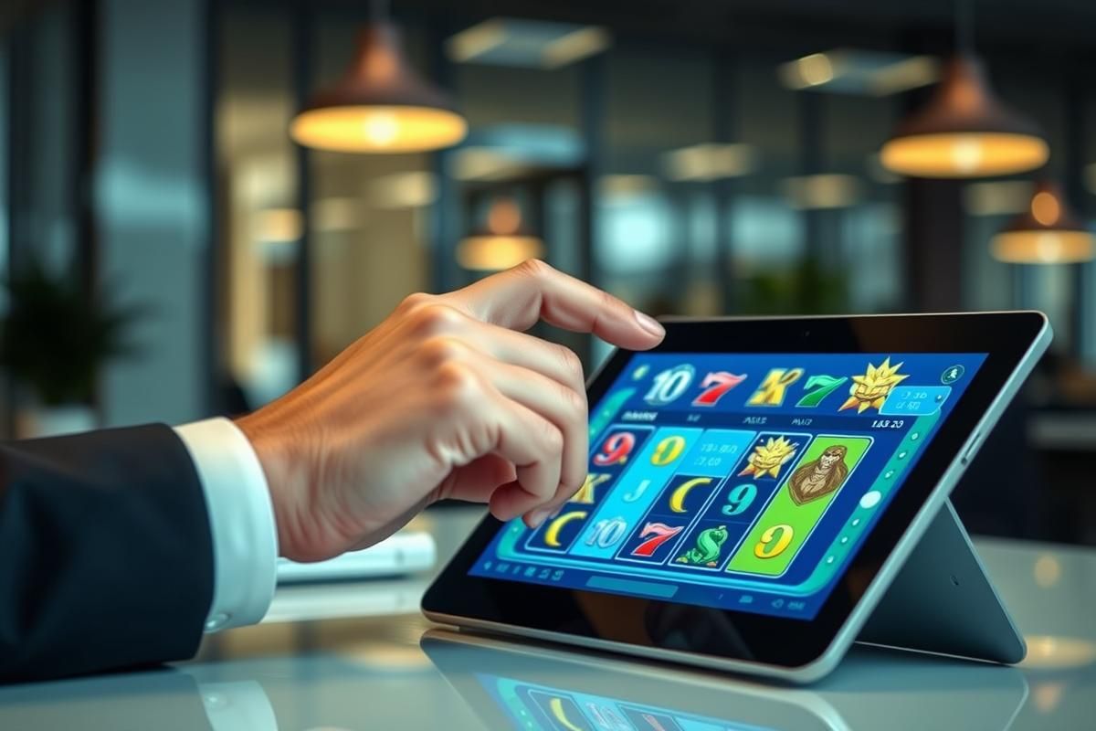 User engaging with an online gambling app on a tablet in a professional setting.