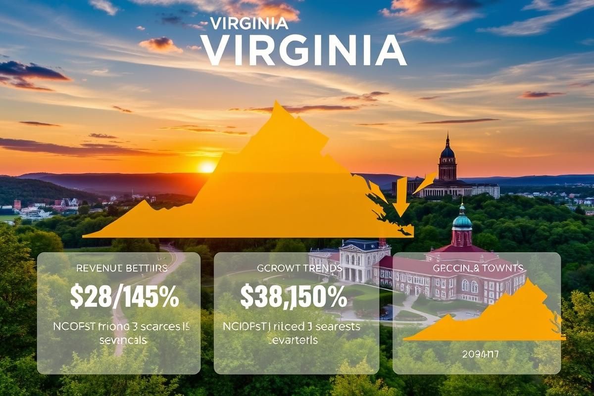 Virginia skyline with illustrated sports betting statistics showing revenue trends.