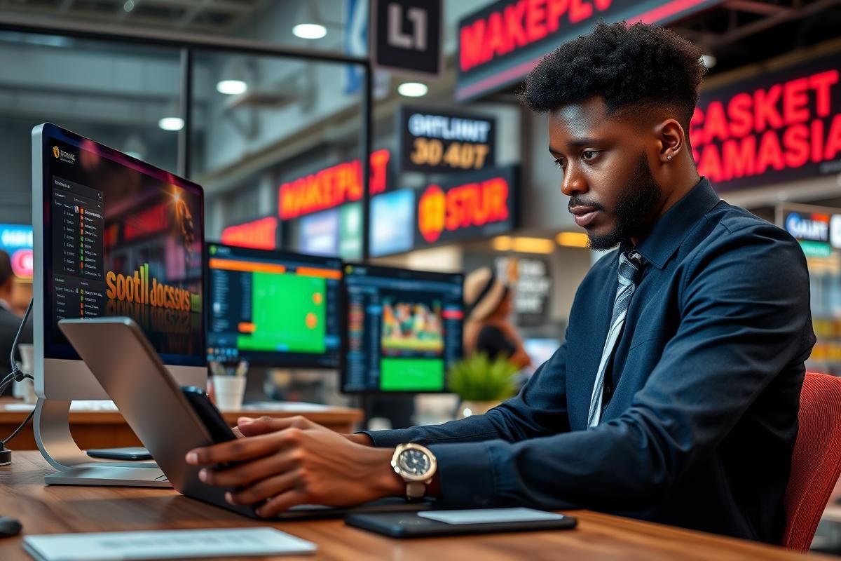 Young African professional engaging in iGaming on a laptop and smartphone in a modern urban workspace.
