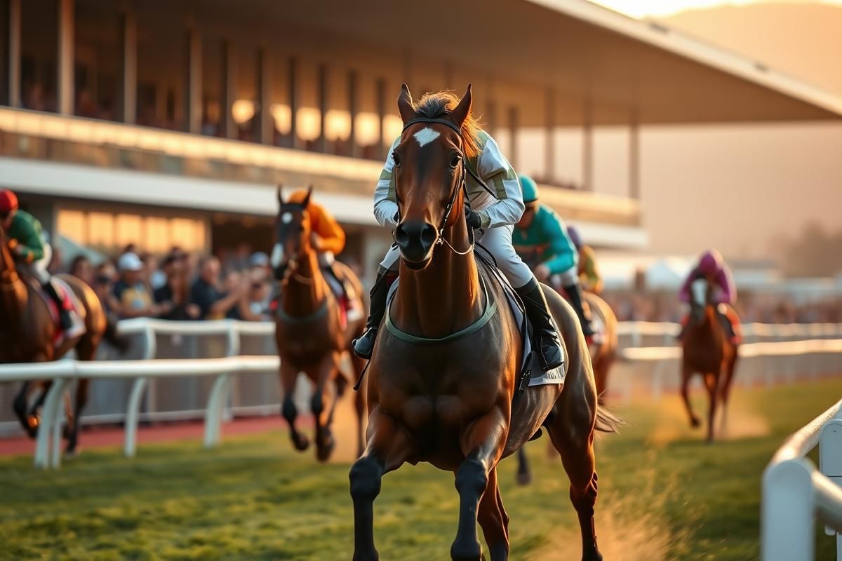 A close-up of a horse and jockey in mid-race at Hamilton racetrack in Scotland, with spectators in the background.