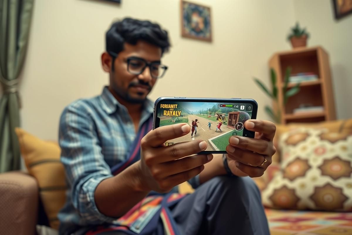 A person in India using a smartphone to play a free-to-play game, symbolizing the shift prompted by the gaming ban.