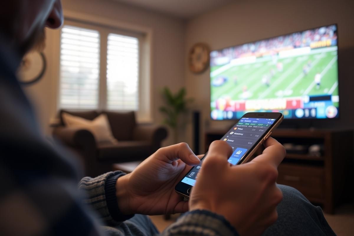A person in Missouri using a mobile sports betting app on a smartphone while watching live sports on TV at home.