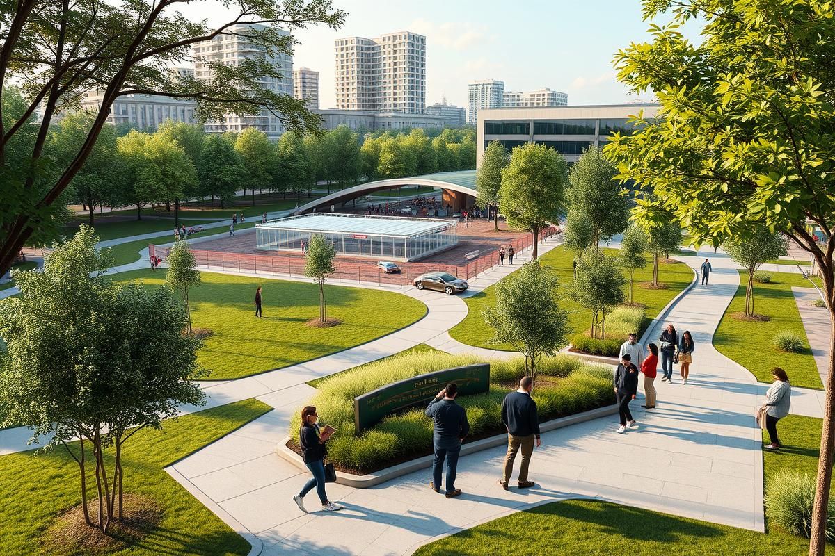 A scenic urban view showcasing proposed park upgrades near the site of the Bally’s Bronx casino project.