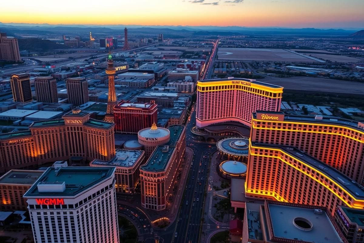 A stunning sunset view of the Las Vegas Strip with iconic hotels and vibrant lights.