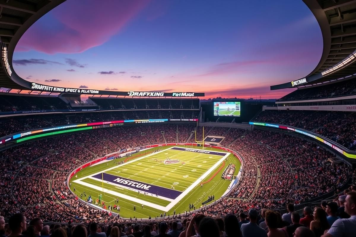 A vibrant Missouri sports stadium showcasing fans and sports betting advertisements during a live football game.