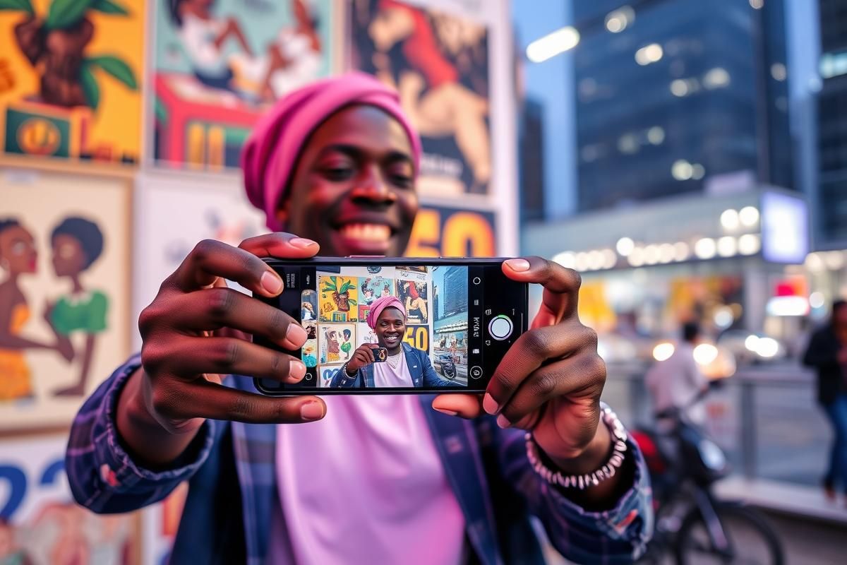 African influencer livestreaming a product using a smartphone with cultural and urban elements in the background.