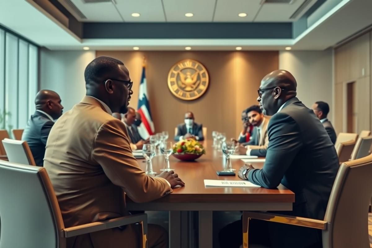 African officials meeting with global leaders to discuss public health and collaboration, seated in a modern conference room.