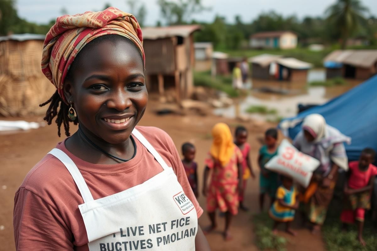 An aid worker distributing relief supplies in a flood-affected African rural area, showcasing humanitarian efforts and community resilience.