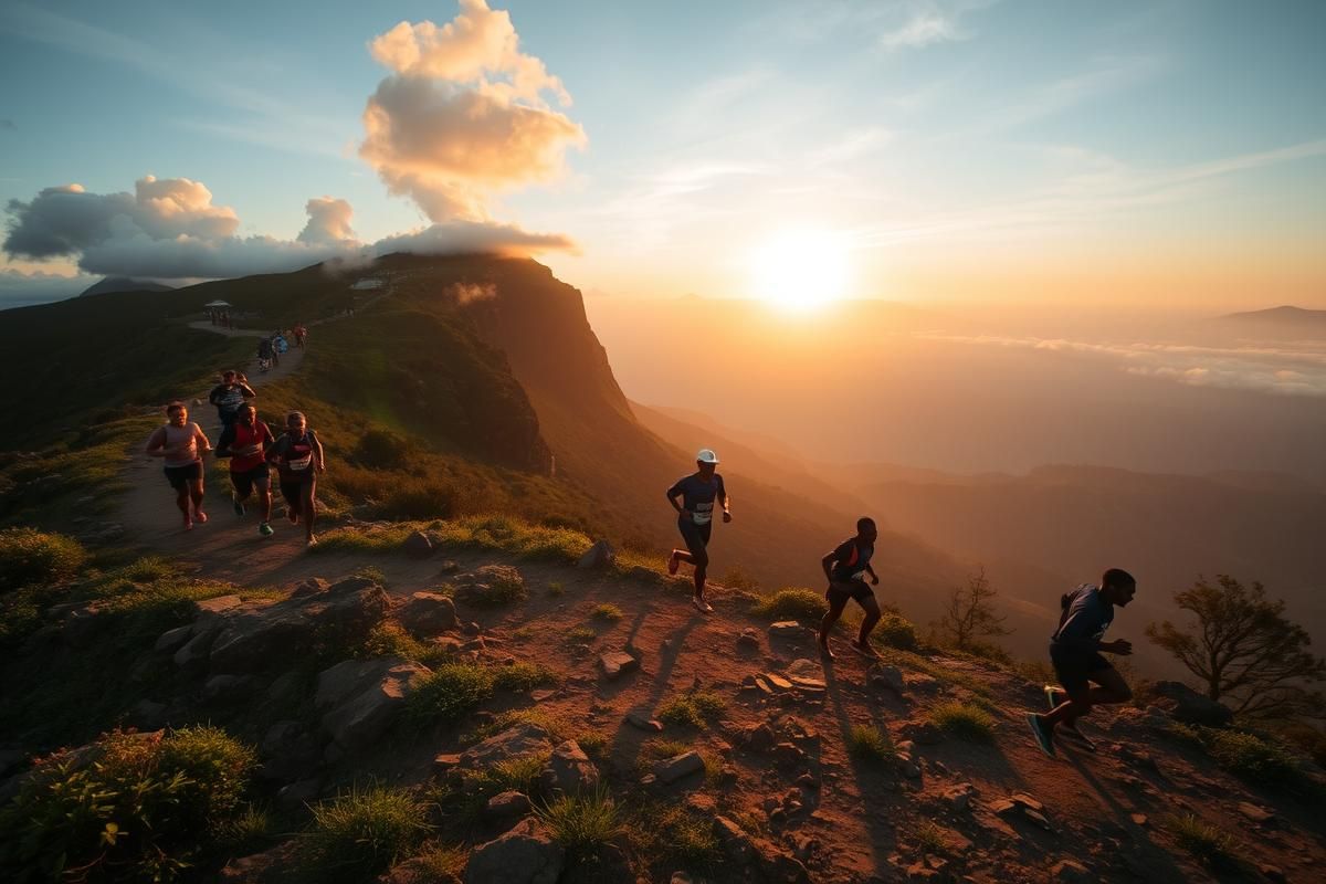 Athletes running across the rugged terrain of Mount Mulanje during the Porter’s Race in Malawi.