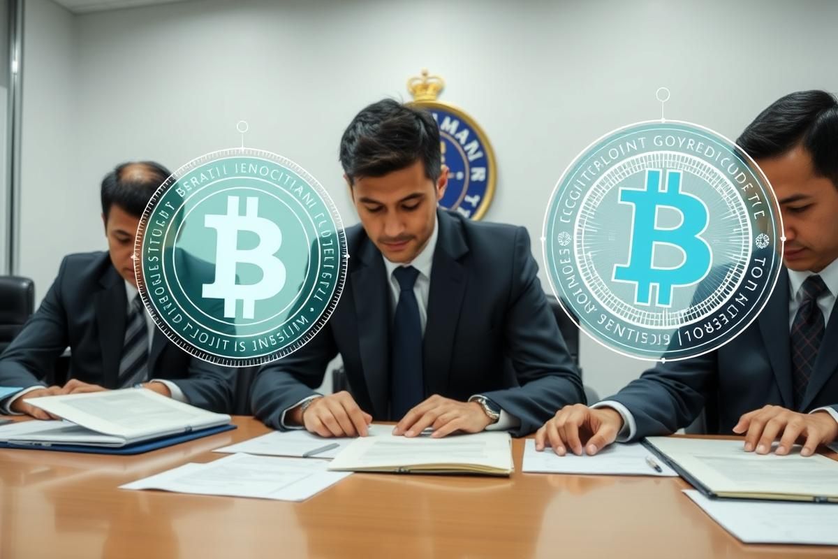 Brazilian government officials reviewing documents and crypto regulation policies in an office.