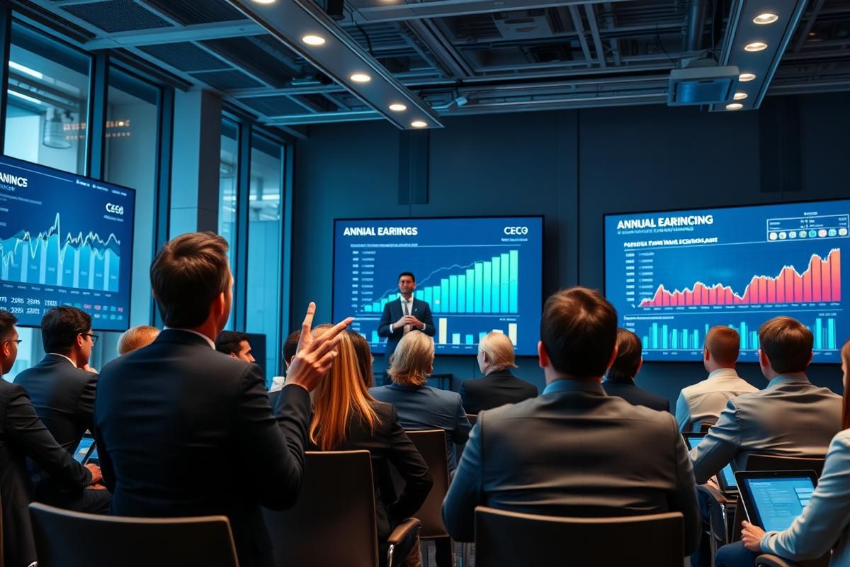 CEO presenting annual earnings growth data in a professional corporate setting.