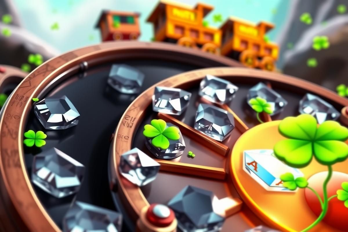 Close-up view of slot reels featuring diamonds, clovers, and animated minecarts in a brightly lit mining theme.