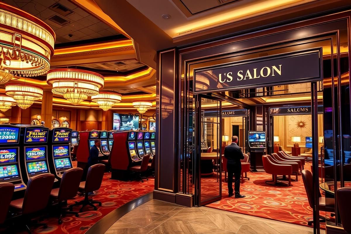 Contrast between a lively Las Vegas casino floor and the exclusive entrance to a private gaming salon.