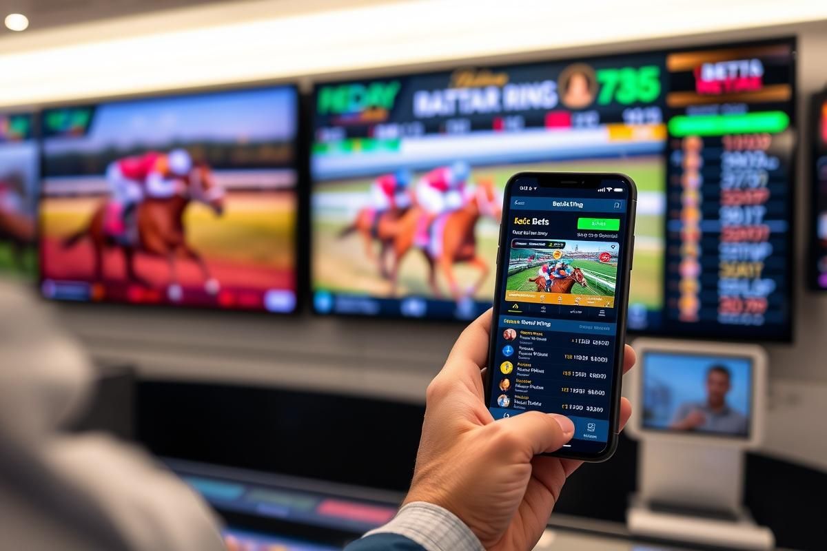 Customer using a smartphone betting app with race visuals in the background, showcasing omnichannel betting integration.