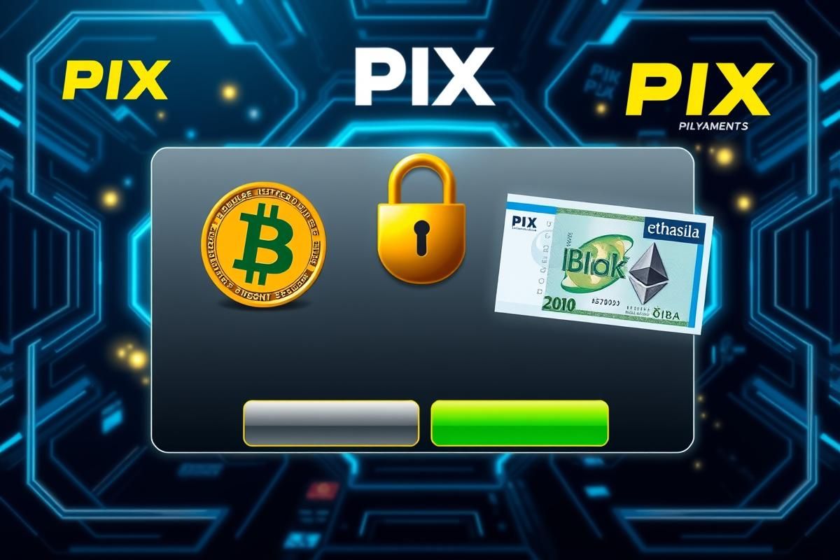 Digital payment interface displaying cryptocurrency options and Brazil's PIX system.