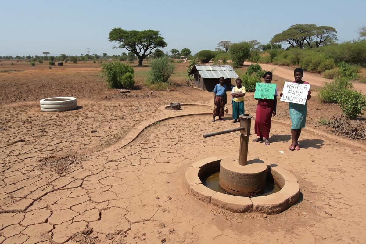 Drought-affected rural African landscape with villagers managing water resources.