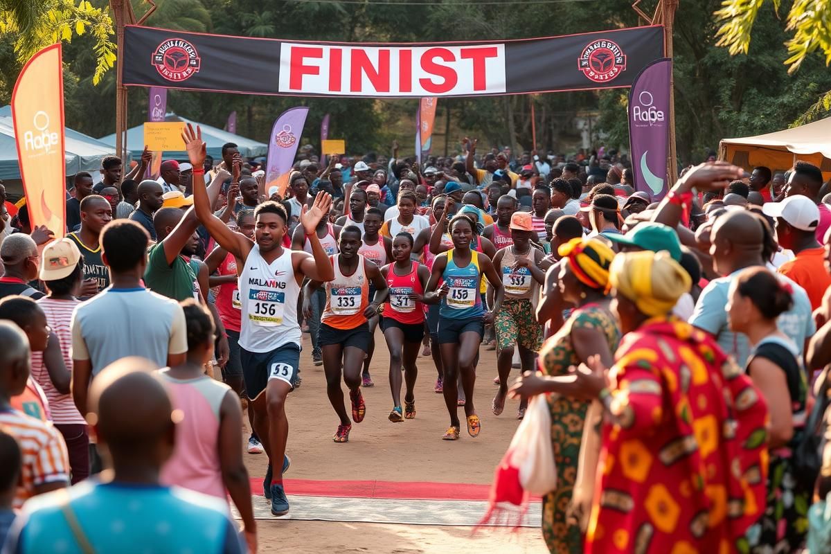 Finish line celebration at the Mount Mulanje Porter’s Race with athletes, traditional dancers, and local vendors in Malawi.