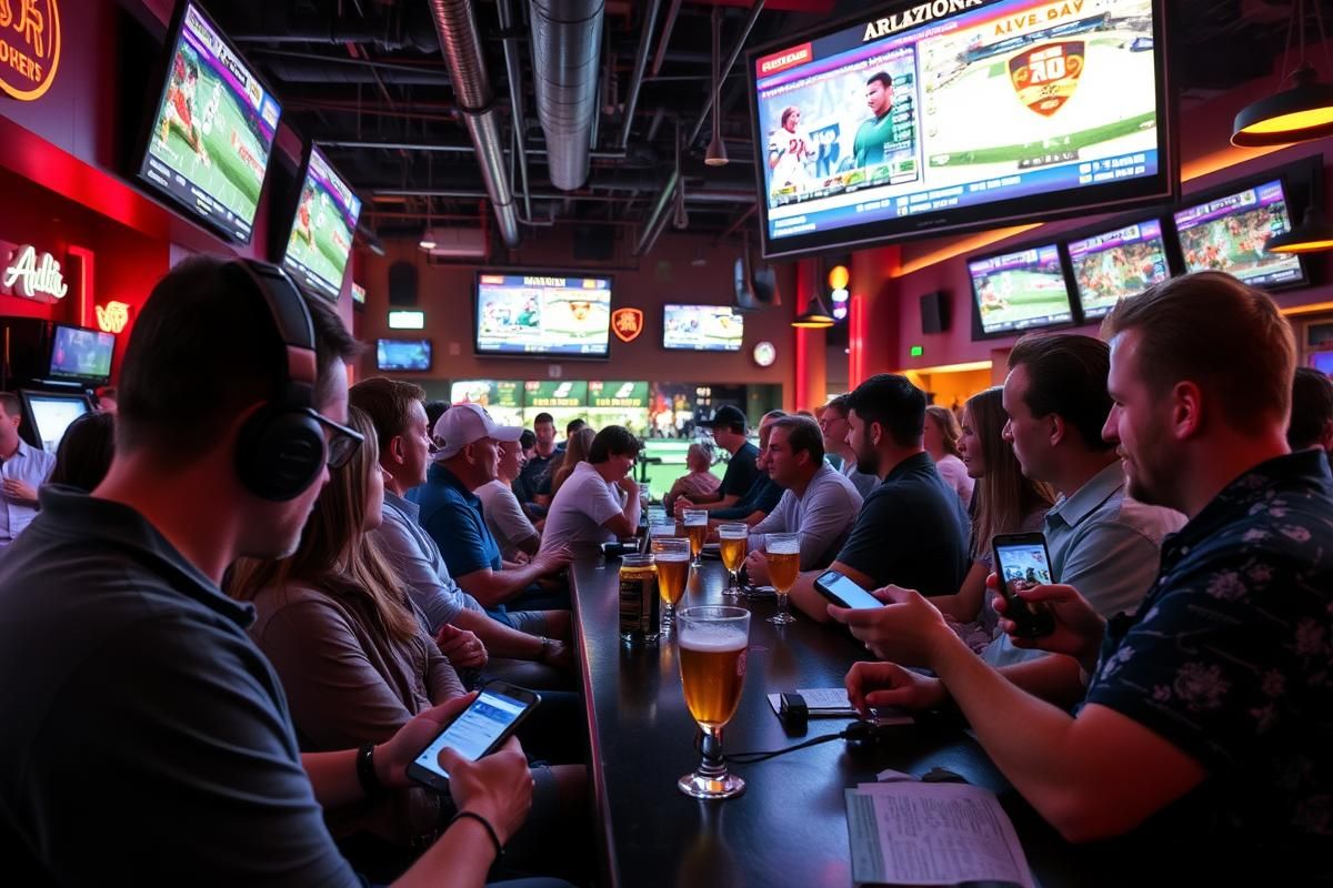 Group of bettors in an Arizona sports bar checking mobile apps and watching live sports.