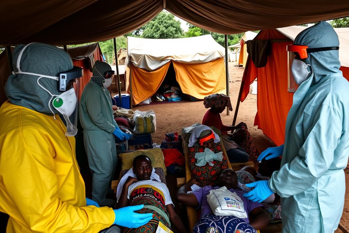 Healthcare workers in protective suits treating Ebola patients in a rural medical center in the Democratic Republic of Congo.