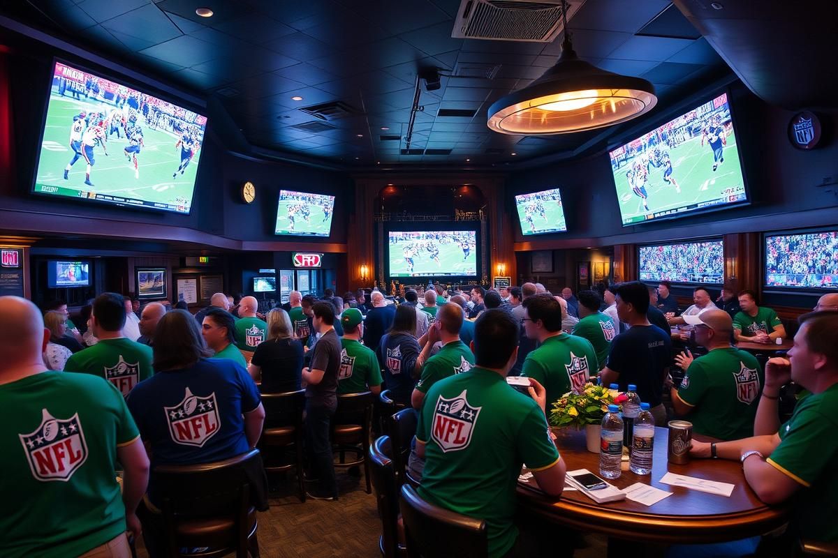 Irish sports bar showing an NFL game, fans wearing team jerseys and Paddy Power merchandise while watching.