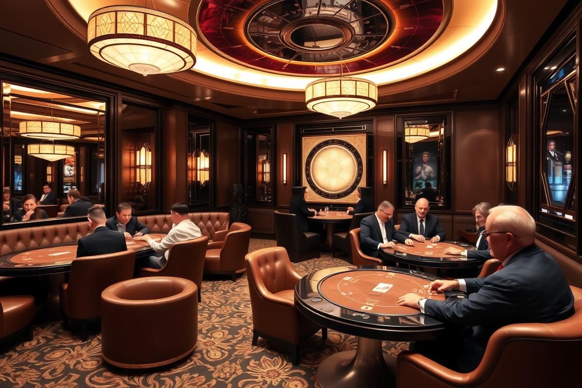 Luxurious private gaming salon in a Las Vegas casino with elegant décor and wealthy players.