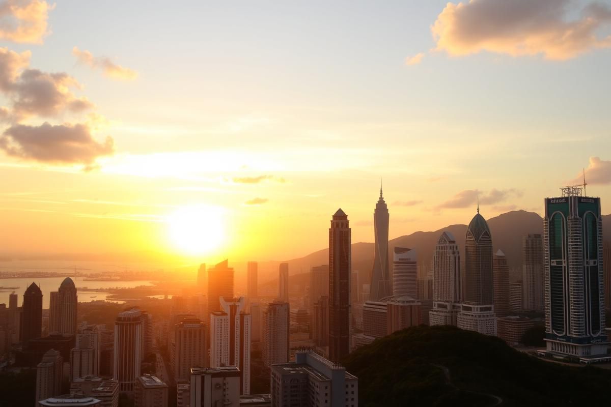 Macau skyline at sunset showcasing prominent casinos and city landmarks.
