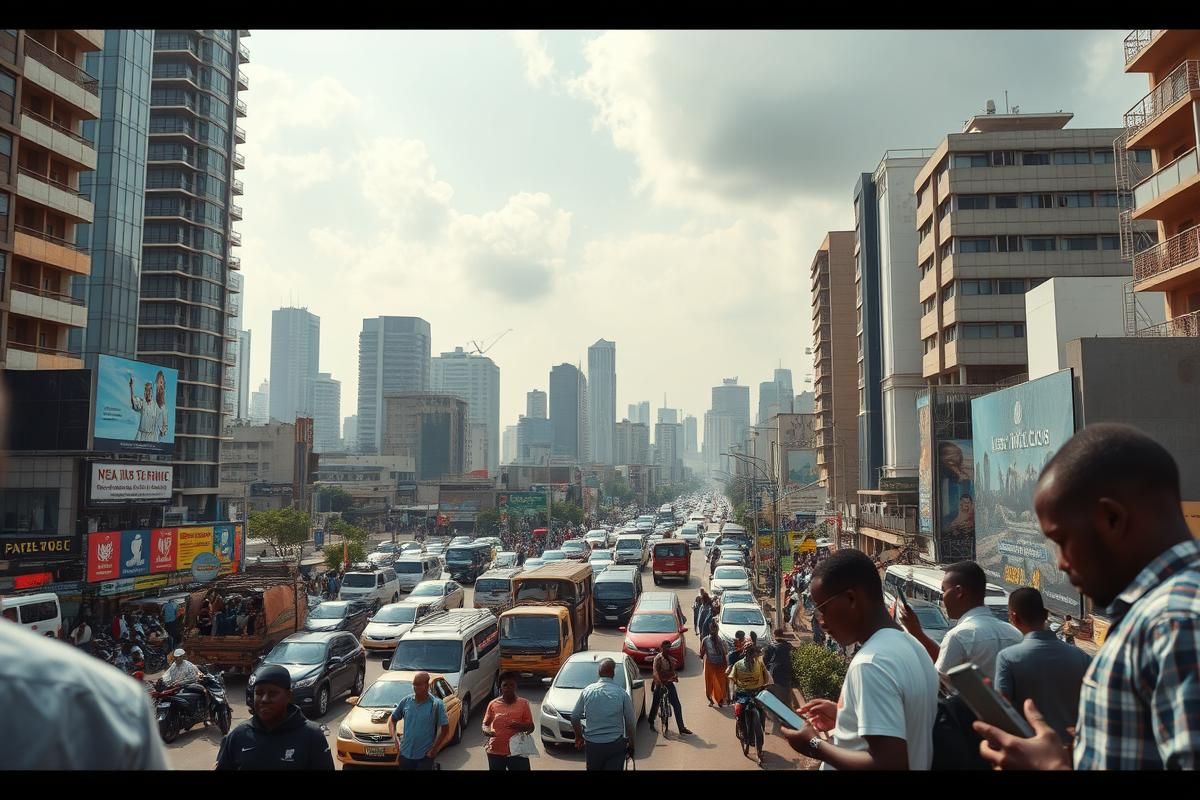 Modern African city with busy streets, high-rise buildings, and technology use.