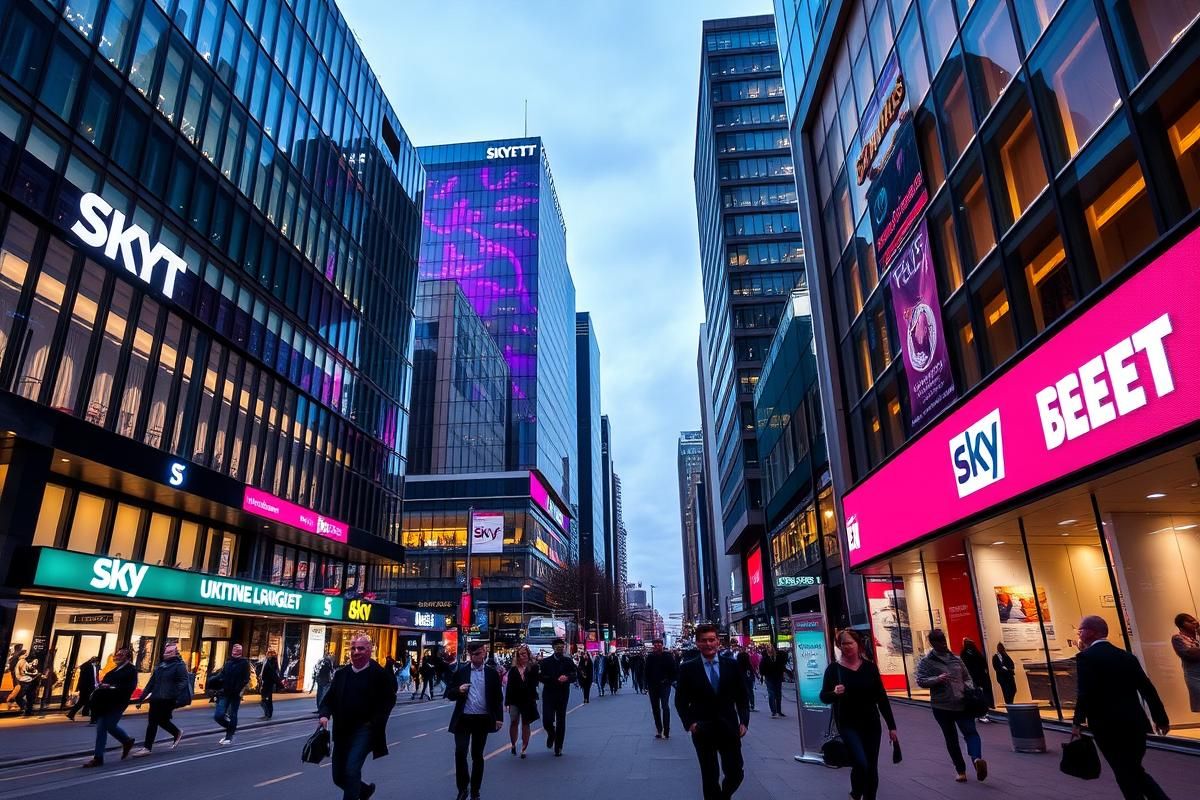 Modern Leeds cityscape with Sky Bet branding, showing the urban transformation and tech-driven environment.