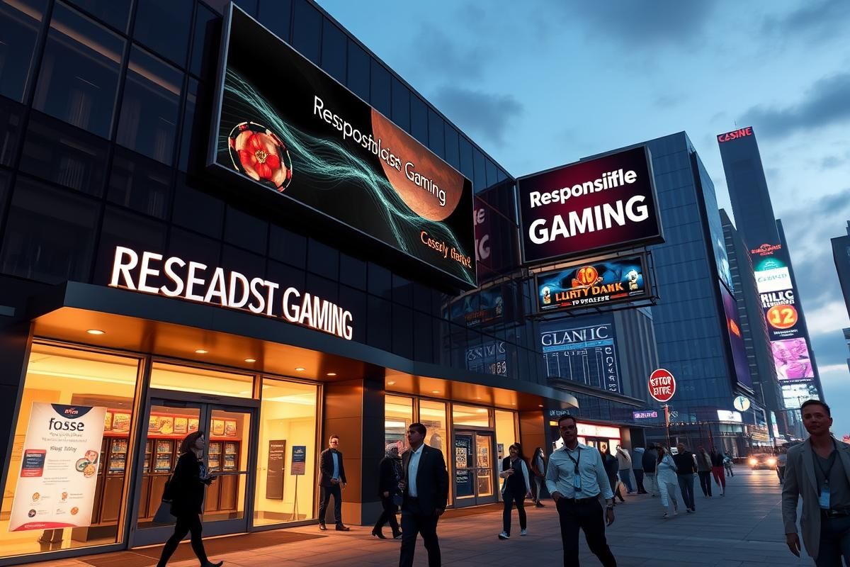 Nighttime view of a casino with a 'Responsible Gaming' billboard, highlighting new gambling laws.