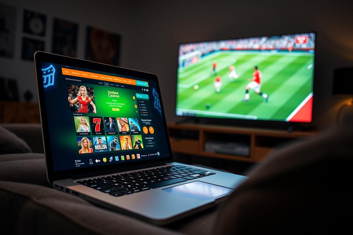 Online casino displayed on a laptop in a Danish home with a football match playing on TV in the background.