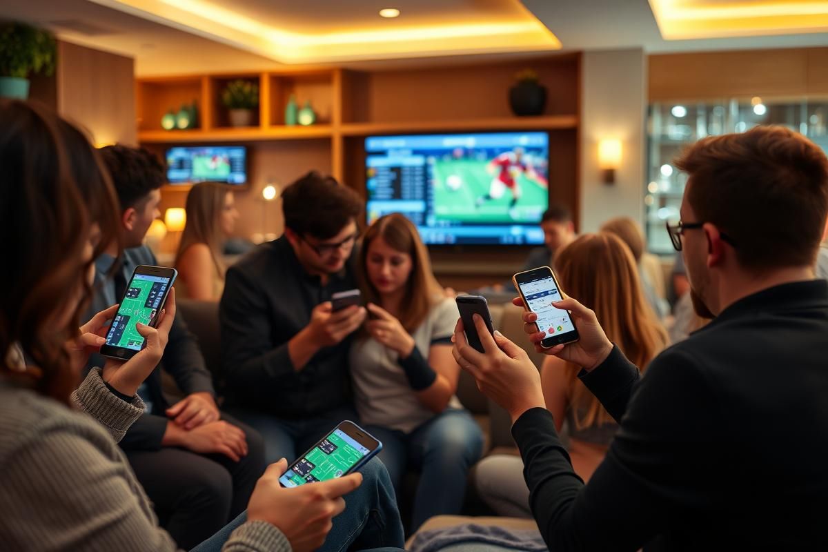 People using mobile phones to place sports bets during an online gaming session at home.